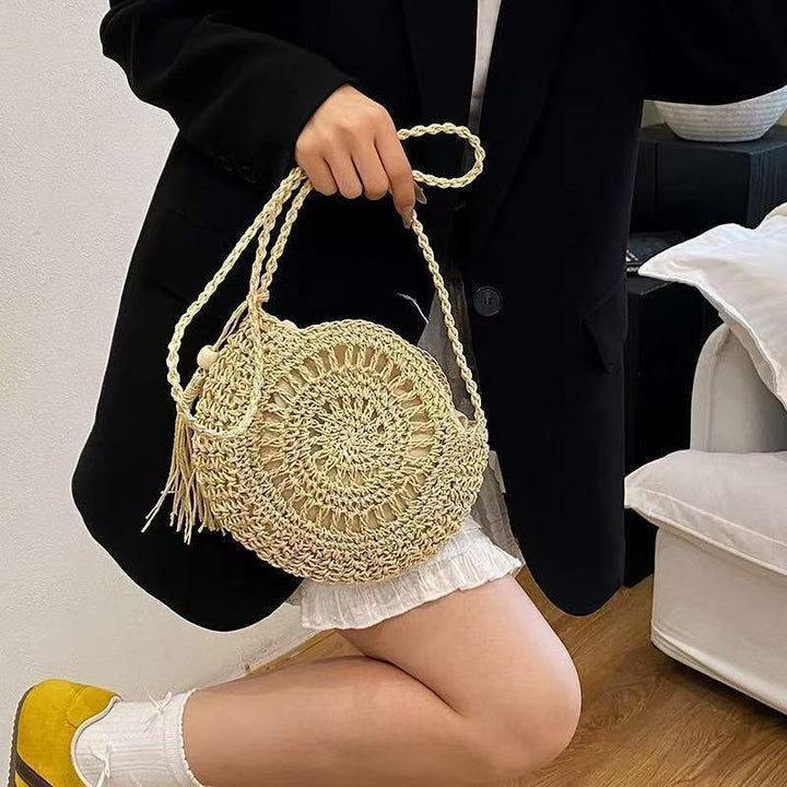 Beef Macrame Shoulder Bag with Tassel Bowlift