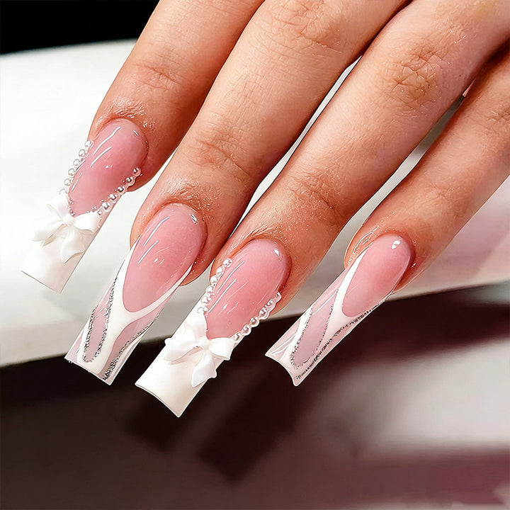 Elegant Fake Nails with Pearl and Bow Decorations Bowlift