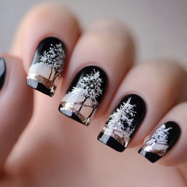 Artificial nails with romantic winter forest pattern Bowlift