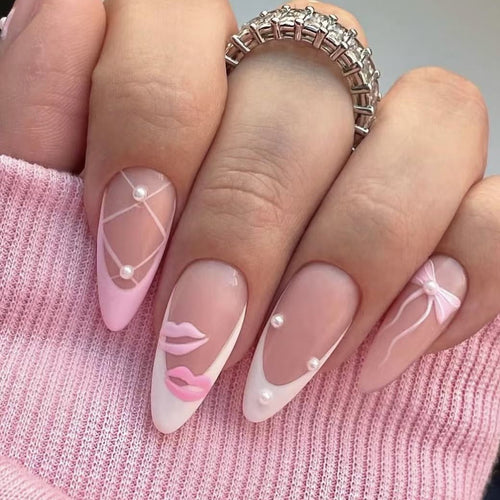 Artistic Press-On Nail Set with Kiss and Bow Design Bowlift