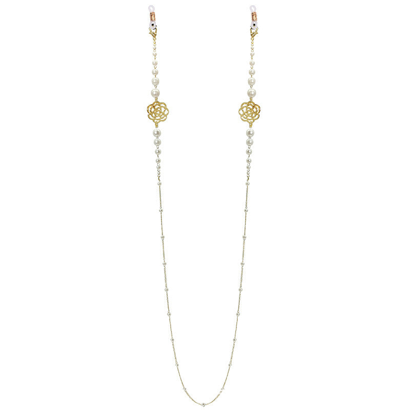 Sparkling glasses holder chain with pearls and floral pendants Bowlift