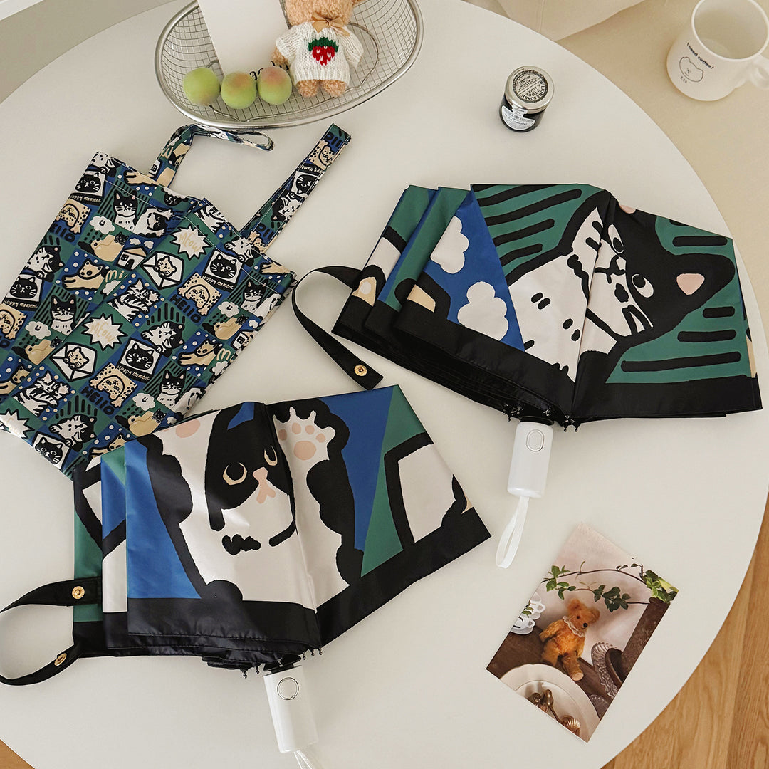 Women's Foldable Umbrella with Playful Cat Pattern Bowlift