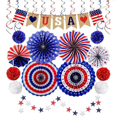 Unisex multi-piece party decoration set with paper fans pom poms bunting garland Bowlift
