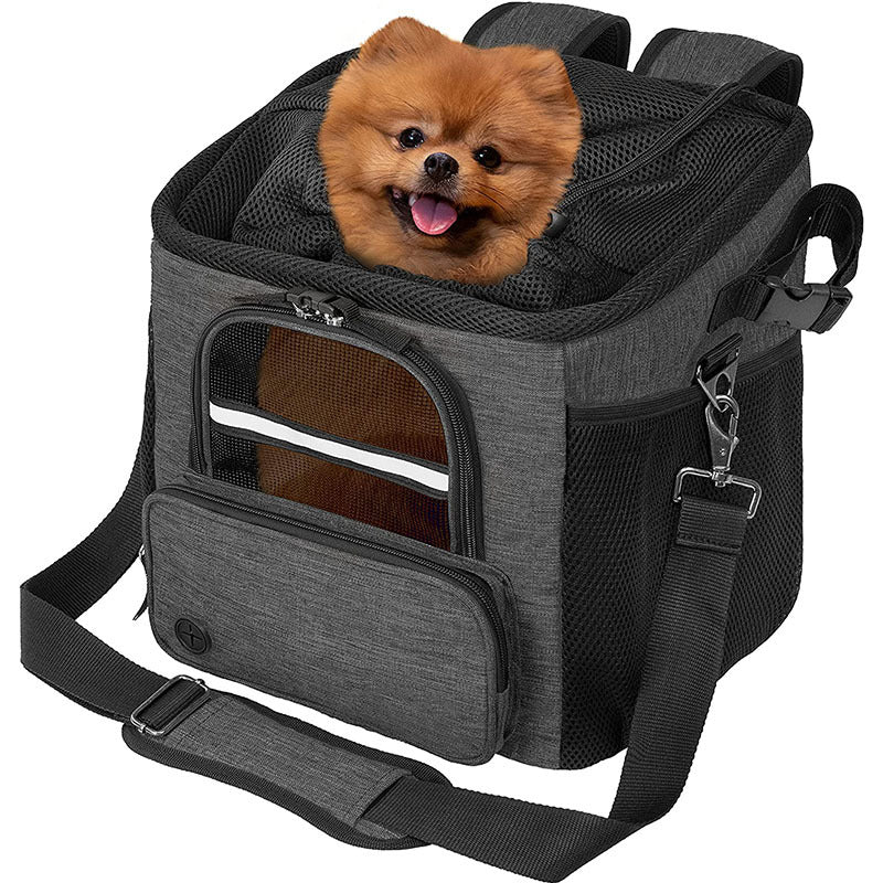convertible front-mount pet transport backpack with reinforced base, breathable mesh canopy, padded straps and detachable shoulder sling Bowlift