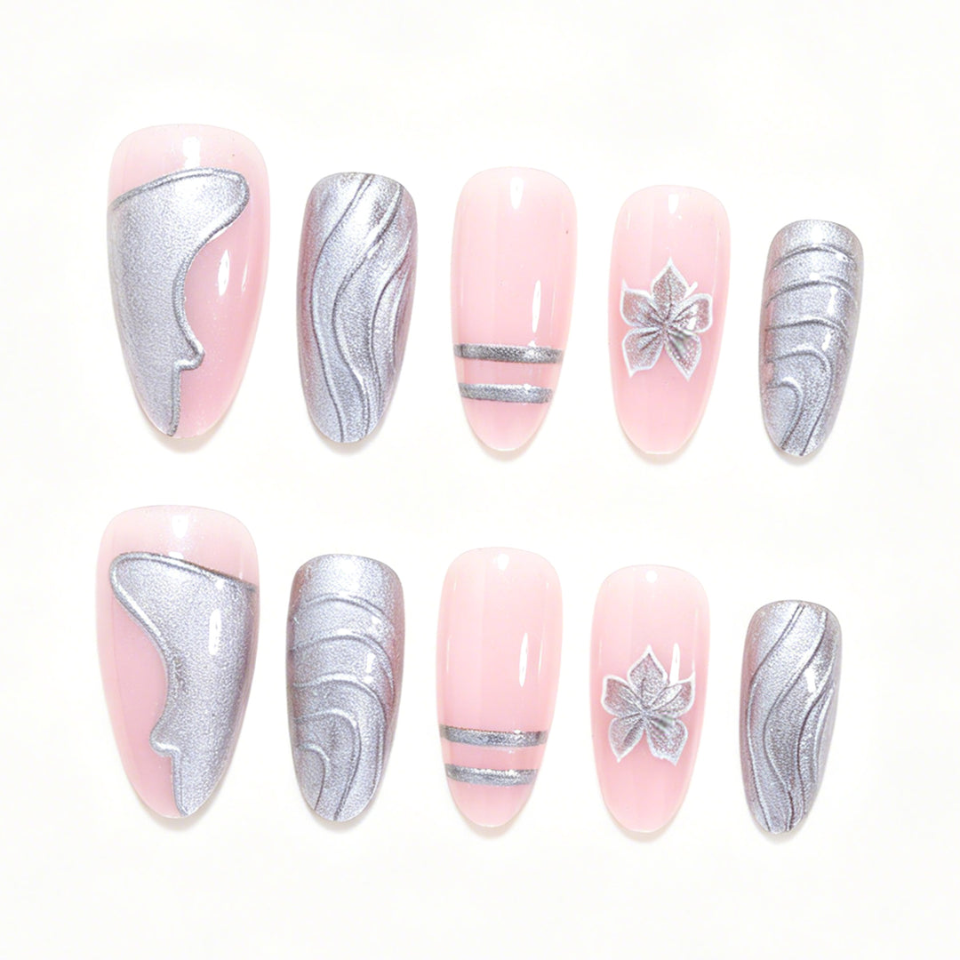 Elegant Metallic Floral Accent Press-On Nails Bowlift