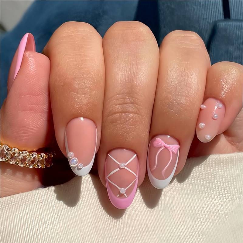 Elegant Decorative Press-On Nail Set with Bow and Pearl Accents Bowlift