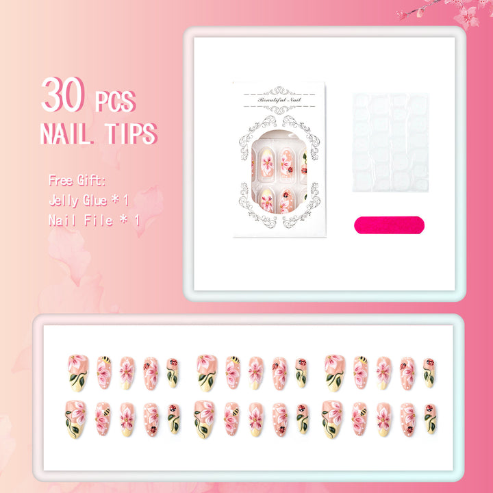 Artificial nail set with floral 3D applications and gloss finish Bowlift