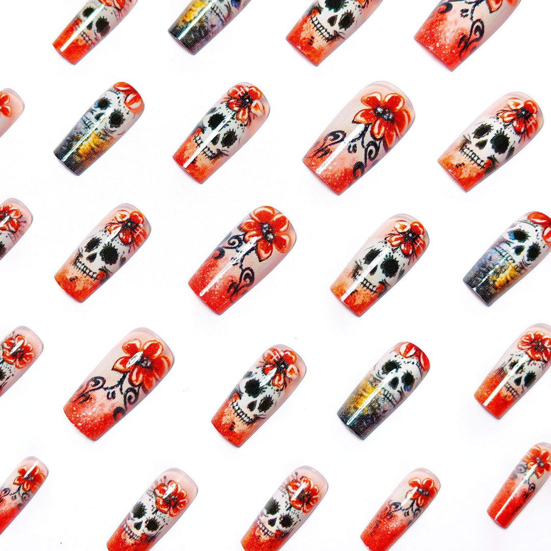 Artistic Skull and Flower Themed Nail Art Bowlift