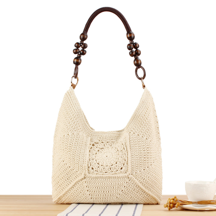 Handbag Made of Hand-Knotted Natural Material with Stylish Wooden Handles Bowlift