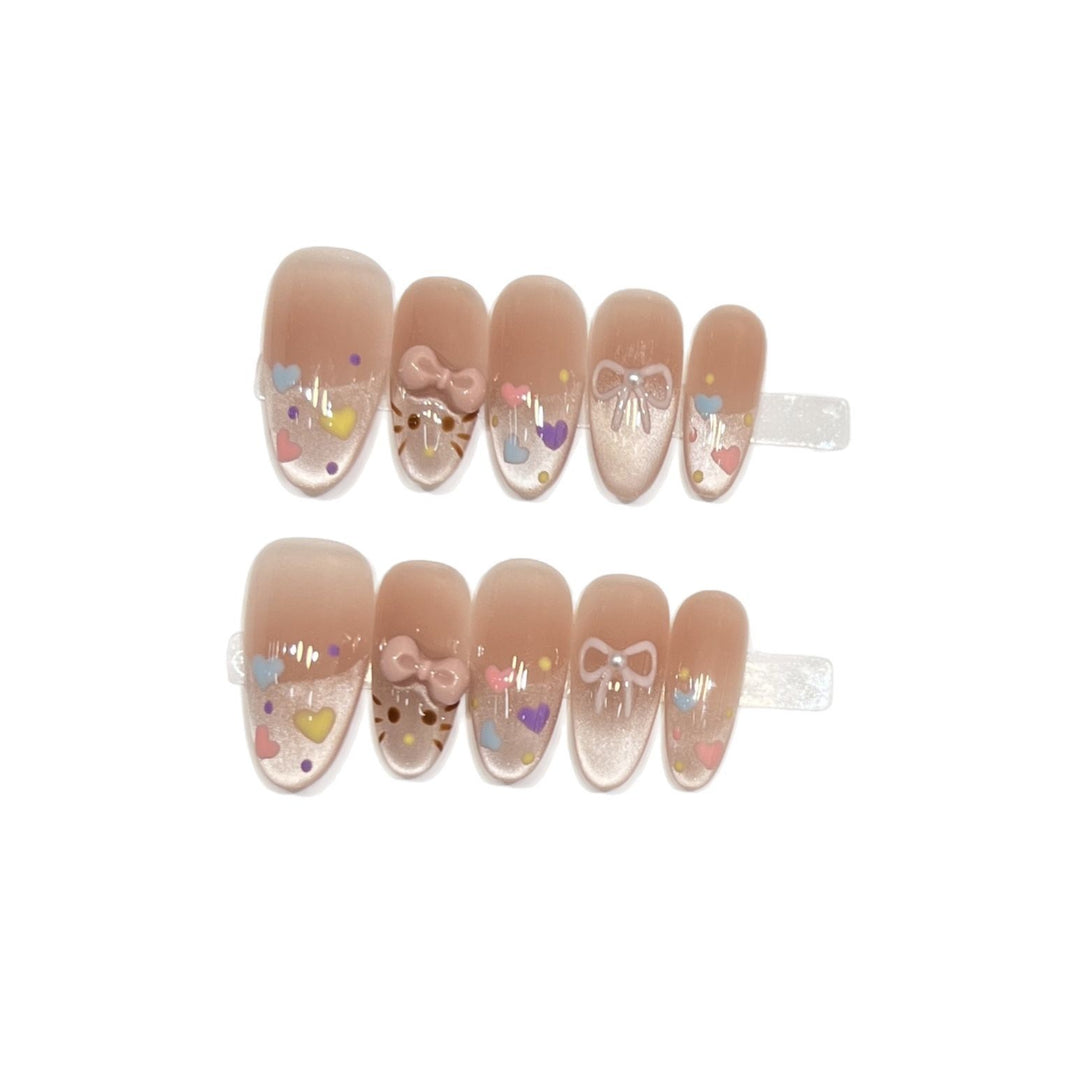 Decorative Press-On Nail Set with Colorful Heart and Bow Designs Bowlift