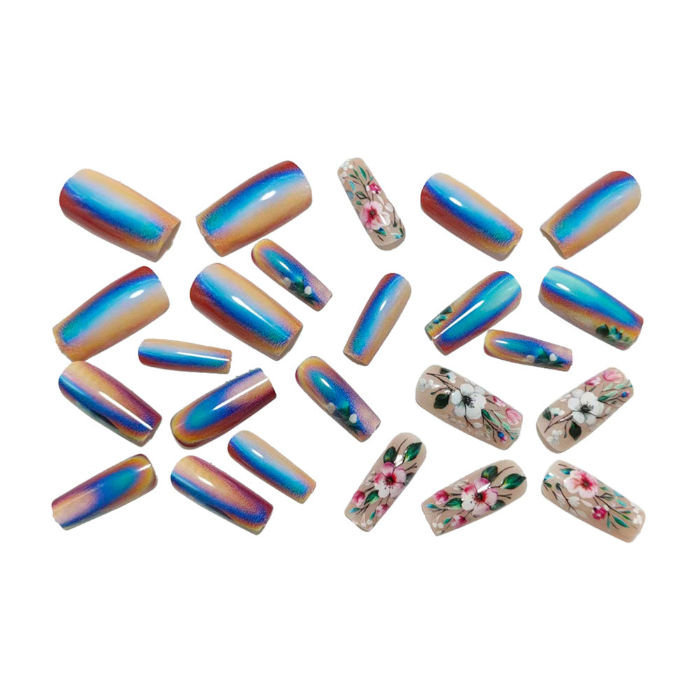 Artificial nails with elegant floral designs and holographic effect Bowlift