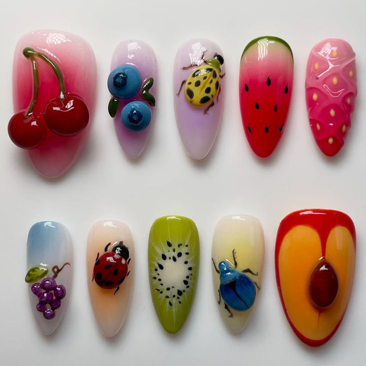 Creative Fruit and Insect-Themed Press-On Nail Art Bowlift