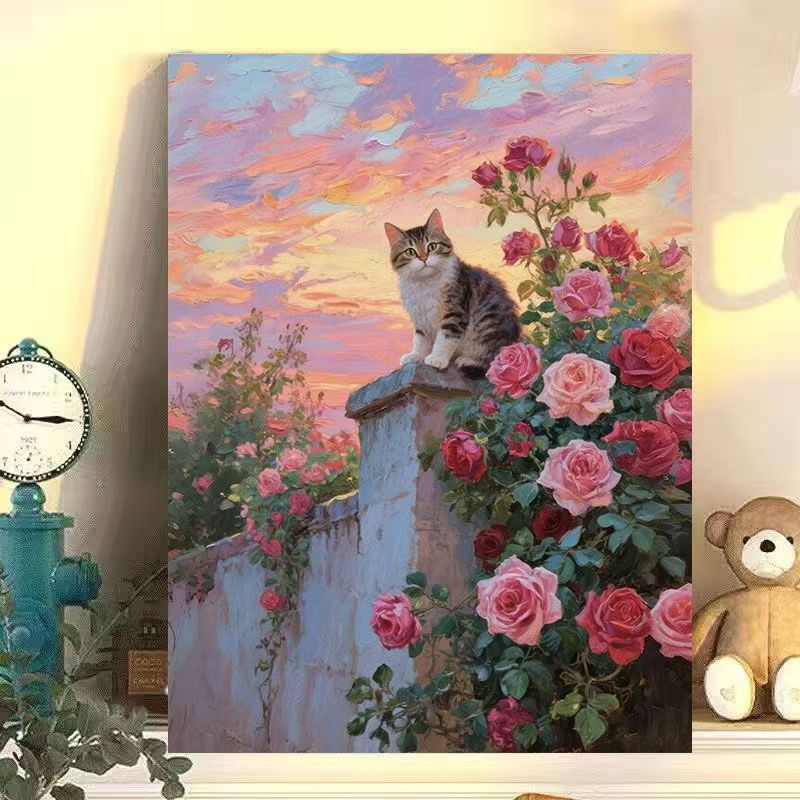 Floral Cat-Themed Canvas Wall Art Bowlift