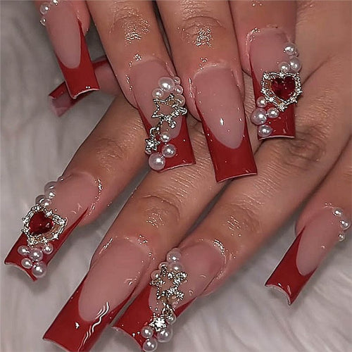 Decorative French Tip Press-On Nails with Pearl Accents Bowlift