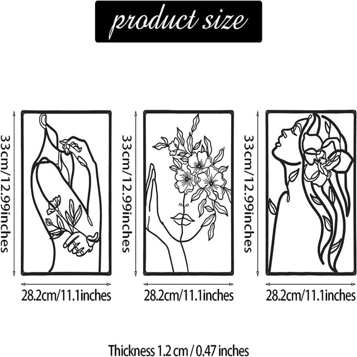 Minimalist Metal Line Art Floral Portrait Triptych Wall Panels Bowlift