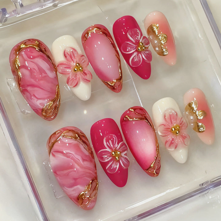 Elegant Floral Press-On Nail Set with Premium Detailing Bowlift