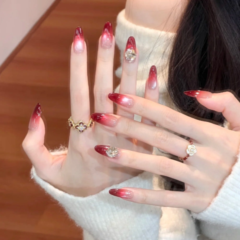 Glamorous Gradient Stiletto Press-On Nails with Rhinestone Accents Bowlift