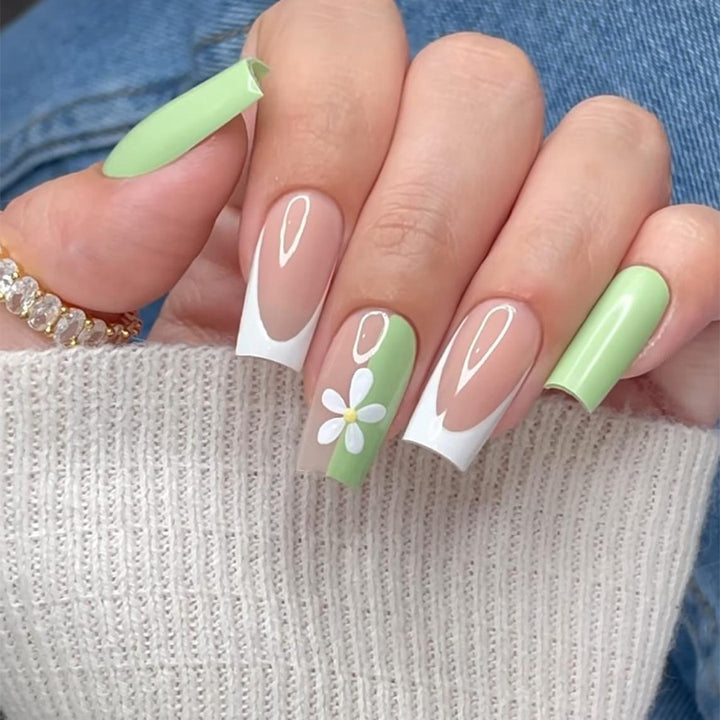Artificial nail set with colorful flowers and creative French design Bowlift