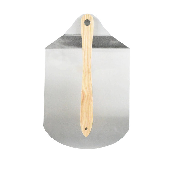 large round stainless steel pizza paddle with beveled edge and full-length wooden handle Bowlift