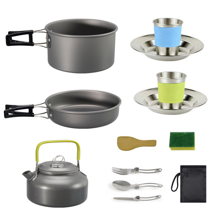 lightweight hard-anodized camping cookware set with folding handles compact kettle and stainless cup plates Bowlift