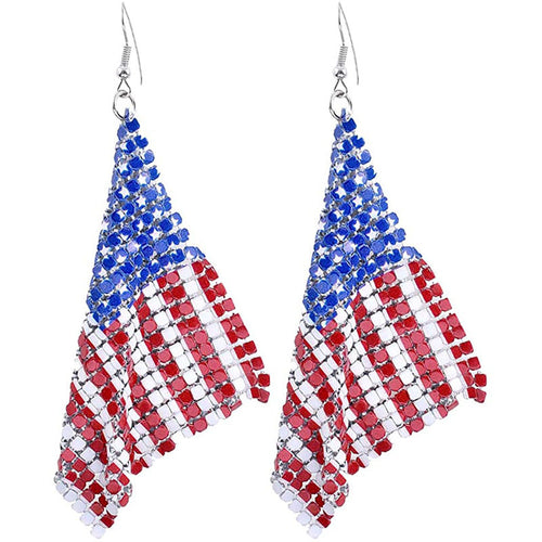 Women's long flexible rhinestone mesh earrings in American flag design with fishhook Bowlift