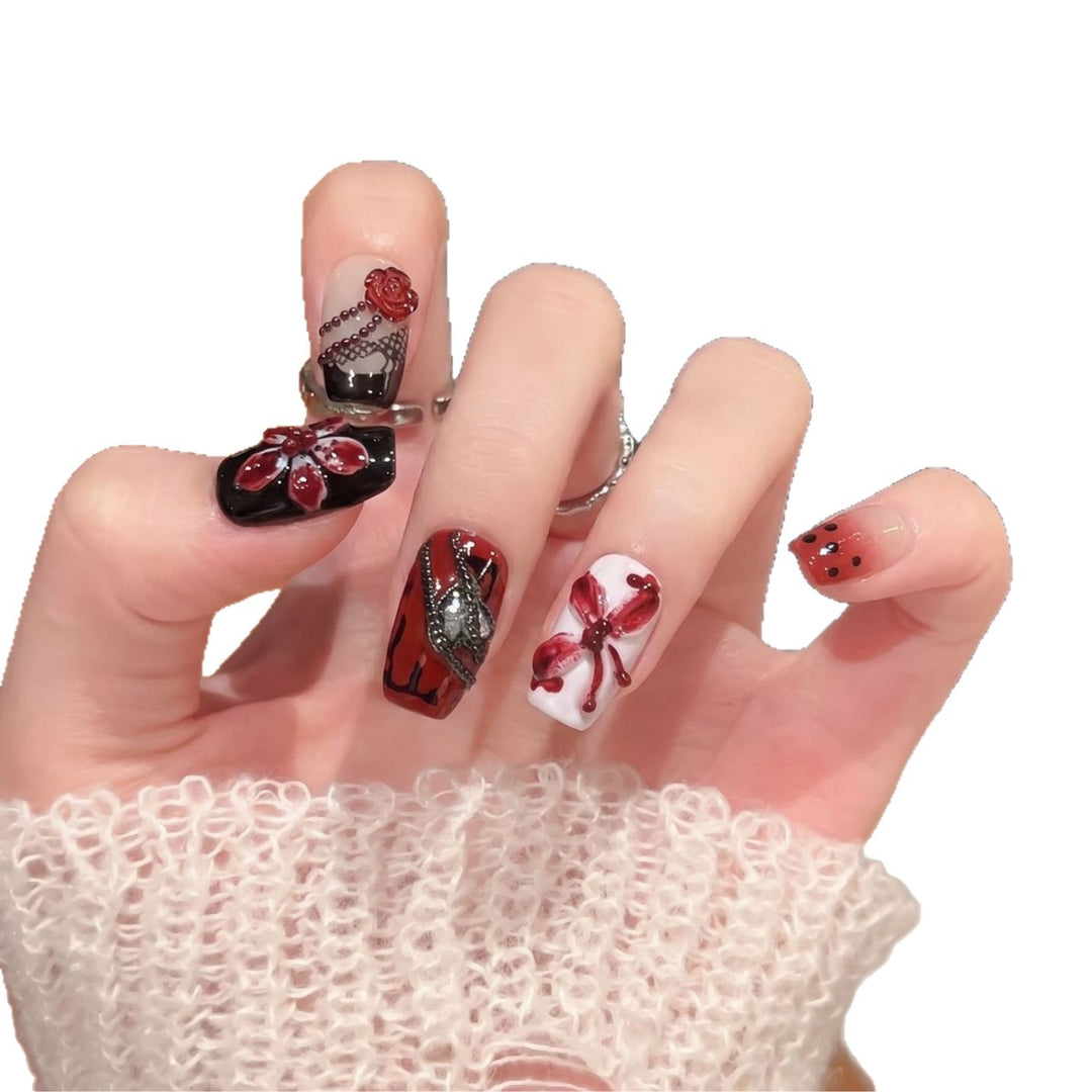 Artistic Nail Decoration Press-On Set with Unique Floral and Gemstone Designs Bowlift