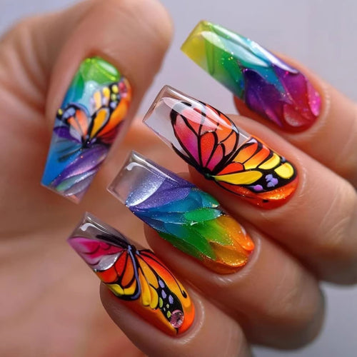 Artificial nails with colorful butterfly design and holographic accents Bowlift