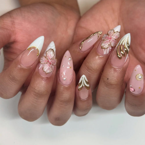 Artistic Stiletto Press-On Nail Set with Floral and Gold Accents Bowlift