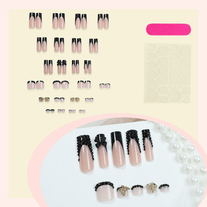 Elegant Press-On Nail Art Set with Decorative Bows and Crystal Accents Bowlift