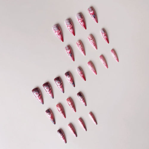 Artificial nail set with romantic 3D heart designs and luxurious embellishments Bowlift