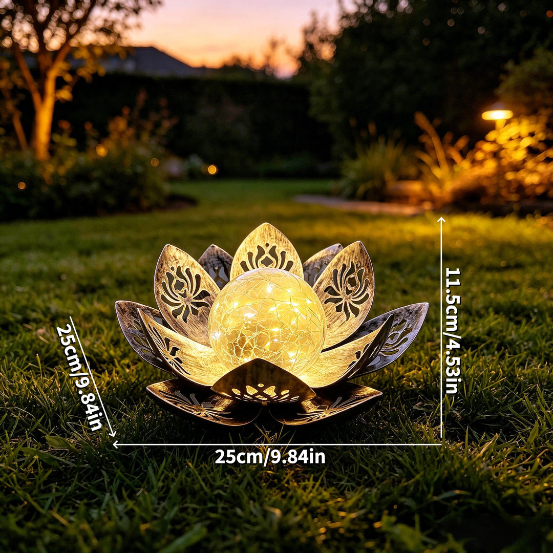 Decorative lotus solar garden light with antique metal petals and cracked glass globe Bowlift
