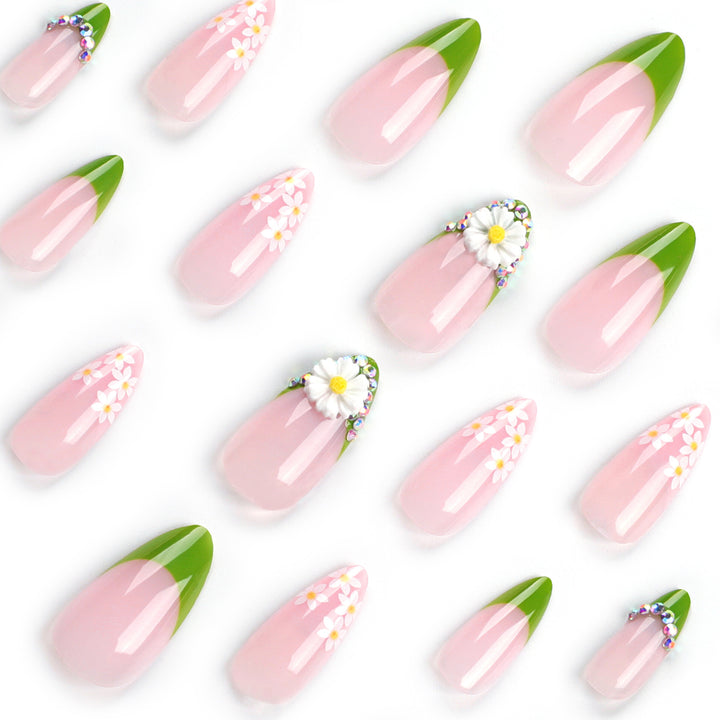 Artificial nails with floral accents and green French tip Bowlift