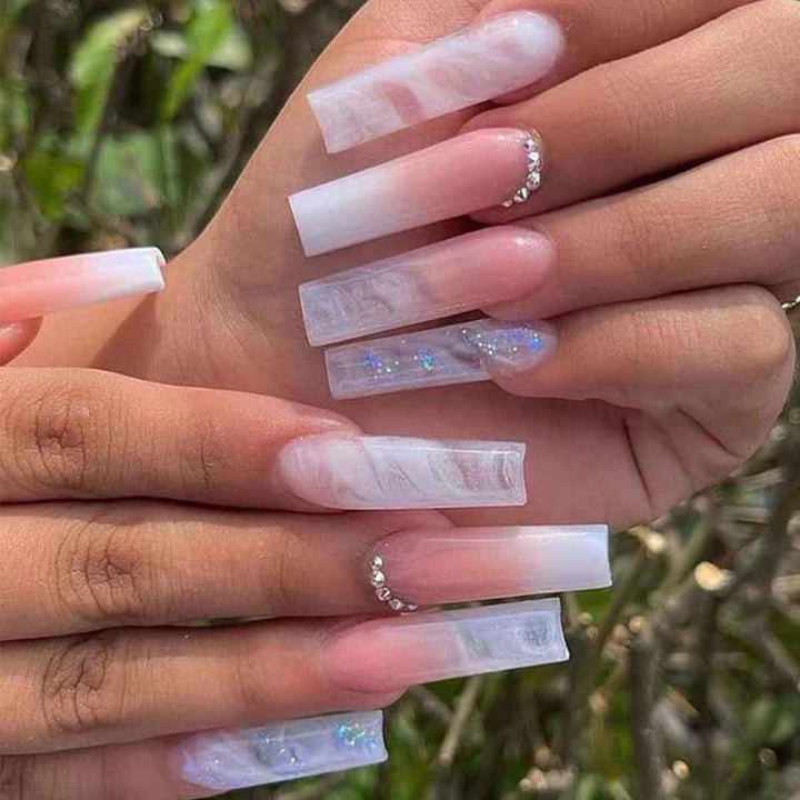 Glossy Long Square Press-On Nails with Glitter Accents Bowlift