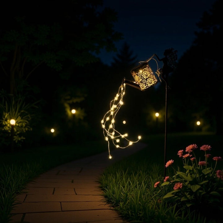 Decorative Fairy Silhouette Garden Stake With LED Watering-Can Cascade Light Bowlift