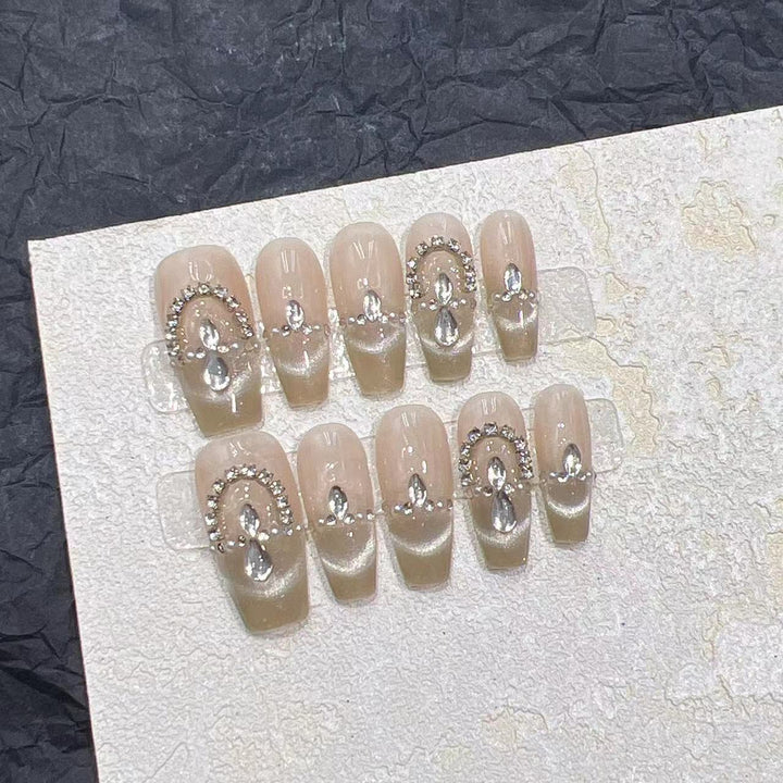 Elegant Press-On Nail Set with Rhinestone Detailing Bowlift