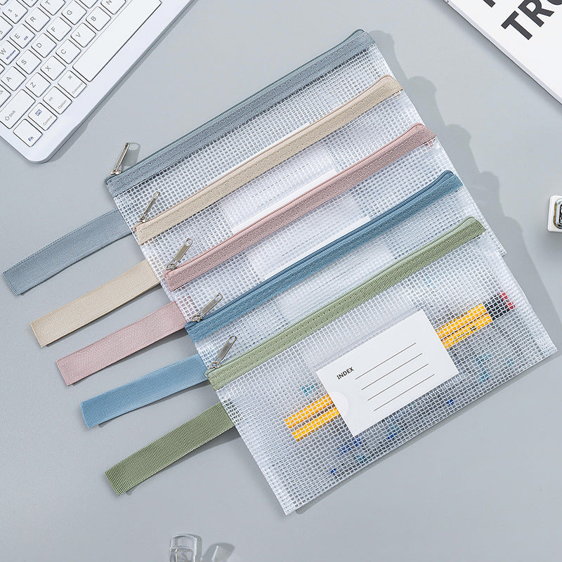 Transparent Mesh Zipper Pouch Set with Wrist Strap Stationery Organizer Bowlift