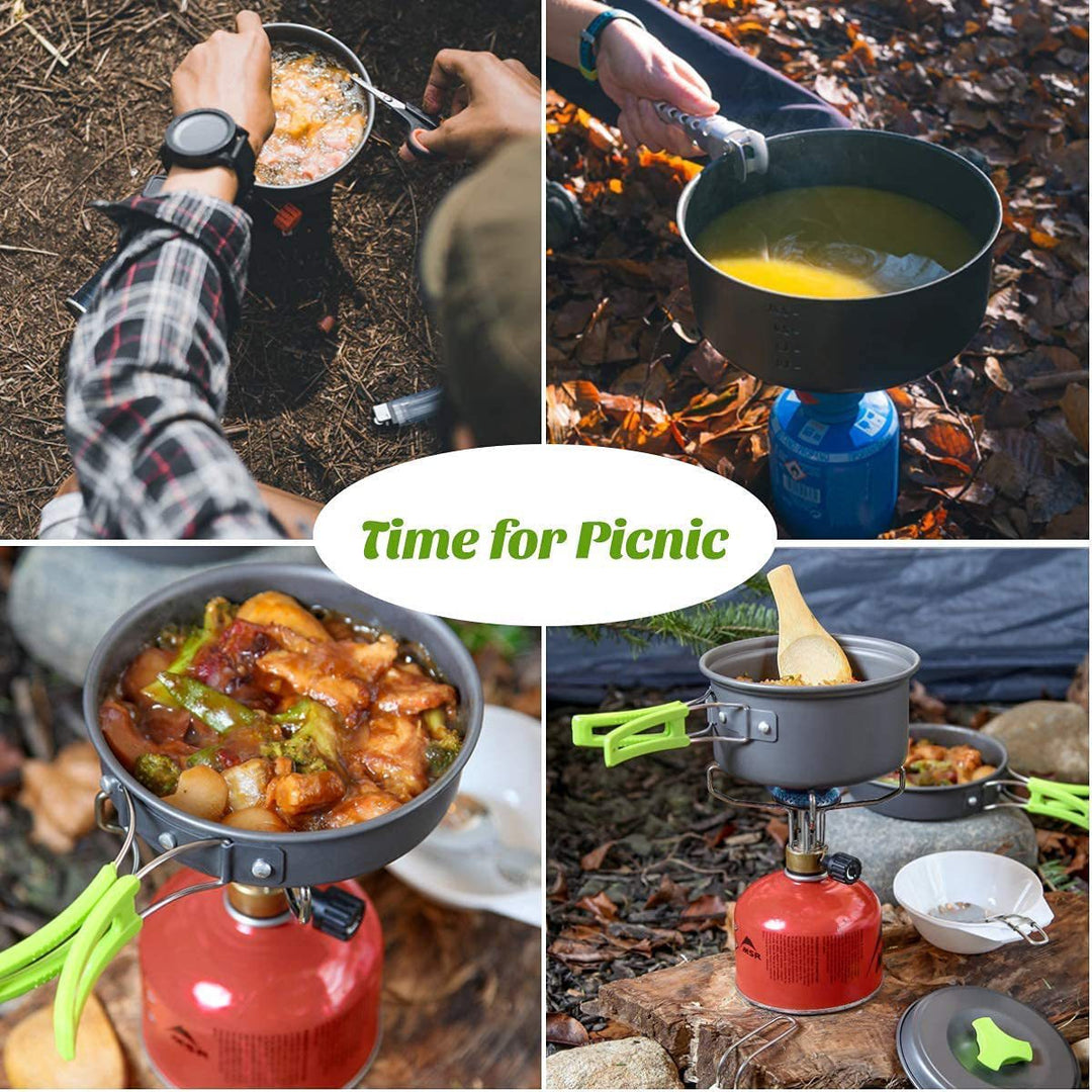 lightweight non-stick camping cookware set with folding handles kettle pot pan utensils and mesh carry bag Bowlift