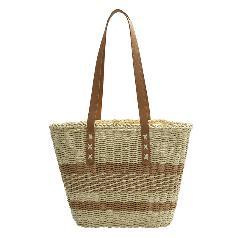 Woven Natural Material Handbag with Leather Accents Bowlift