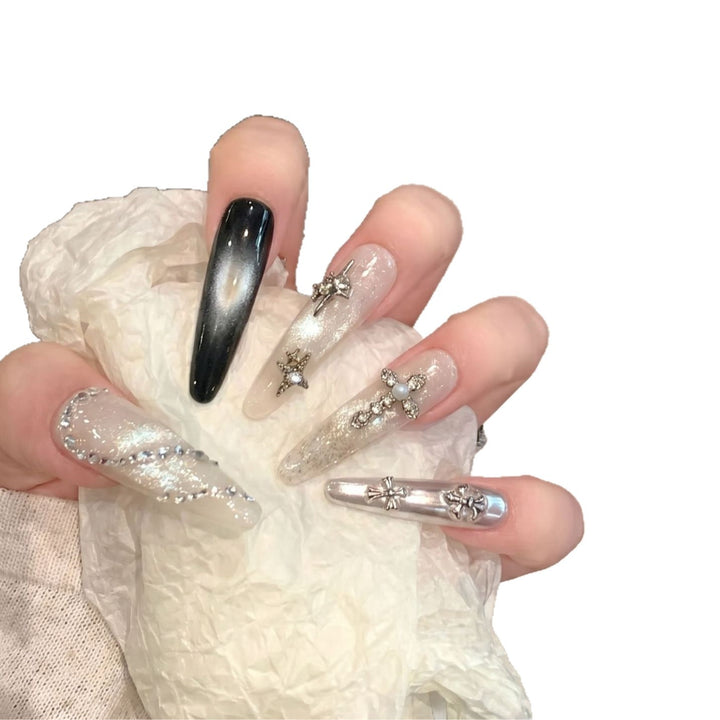 Decorative Stiletto Press-On Nail Set with Starry Accents Bowlift