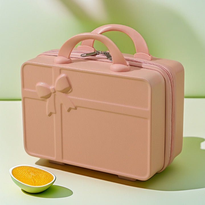 structured hard-shell cosmetic travel case with embossed bow and dual top handles Bowlift