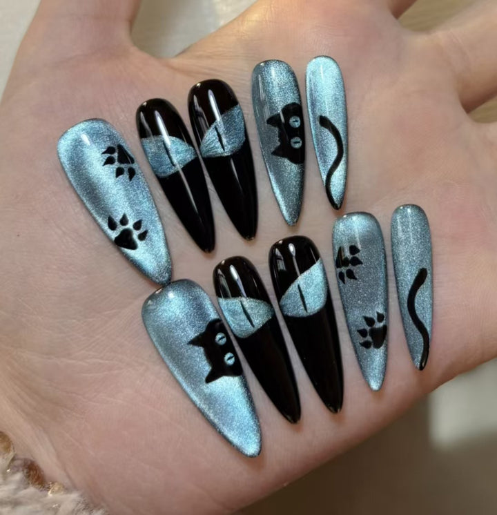Cat-Themed Press-On Nail Art Bowlift