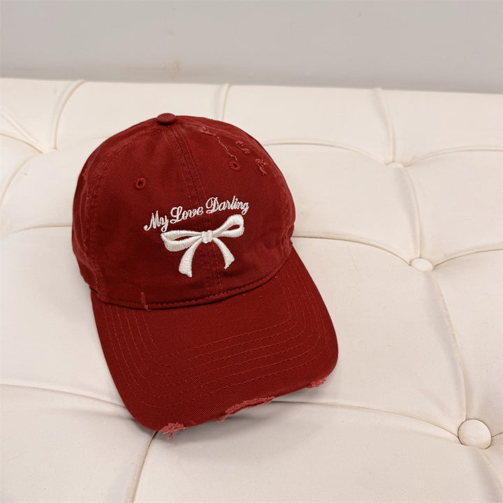 Women's Distressed Cotton Baseball Cap with Bow Embroidery Bowlift