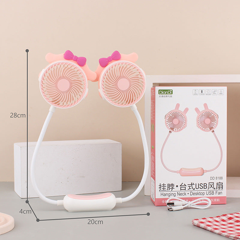 Unisex portable double-neck fan with flexible gooseneck, rechargeable battery and quiet motor Bowlift