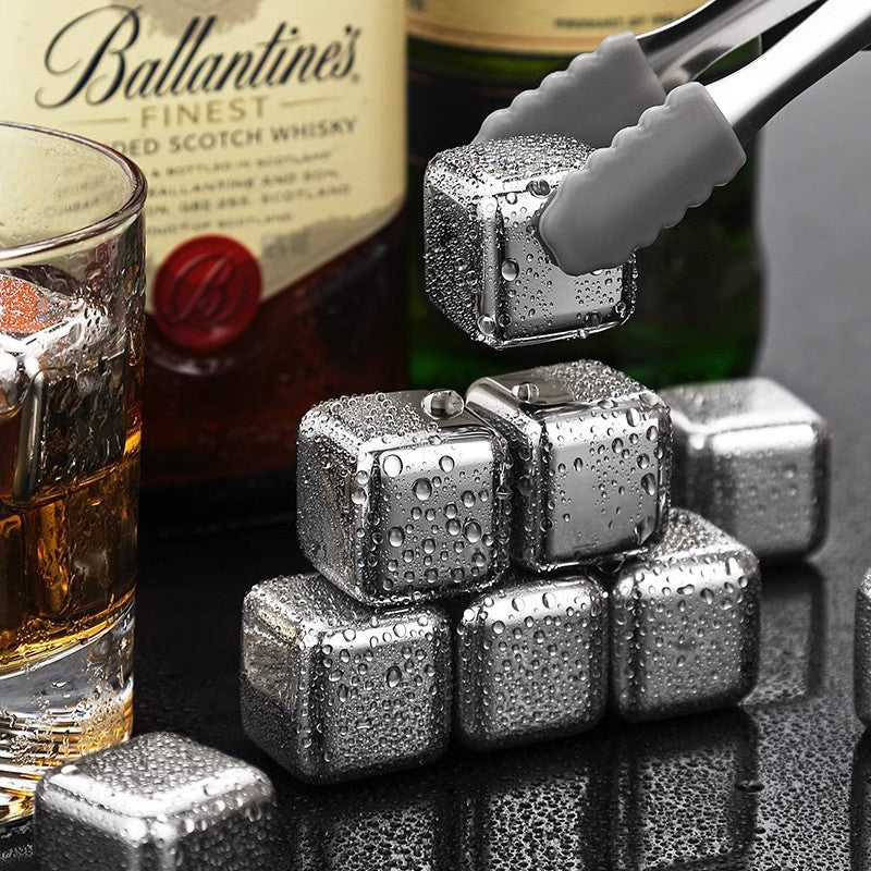 Premium Stainless Steel Whiskey Chilling Cubes Multi-piece Set with Silicone Storage Tray and Tongs Bowlift