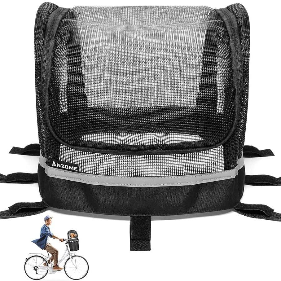 front-mount bicycle pet carrier basket with mesh canopy, reflective trim and adjustable straps Bowlift
