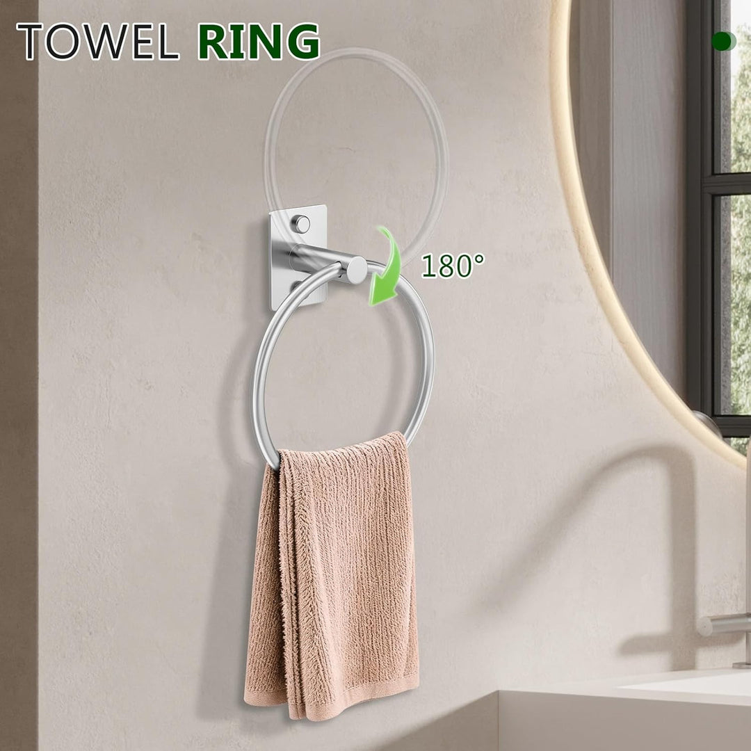 Modern wall-mounted bathroom accessory set with towel bar ring robe hooks and toilet paper holder Bowlift