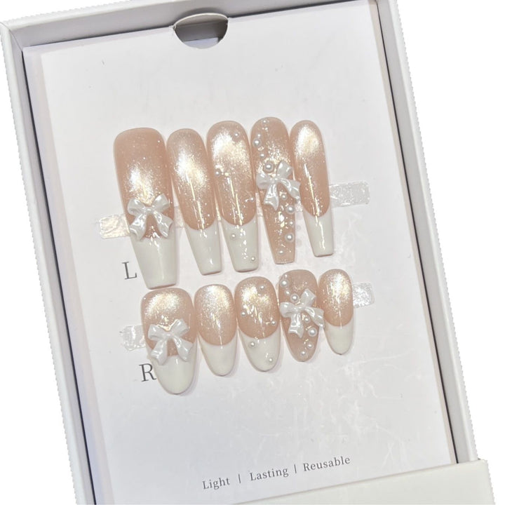Decorative Long Press-On Nail Set with Bow and Pearl Accents Bowlift