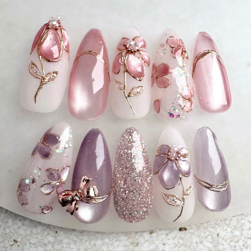Decorative Floral-Embellished Press-On Nail Set Bowlift