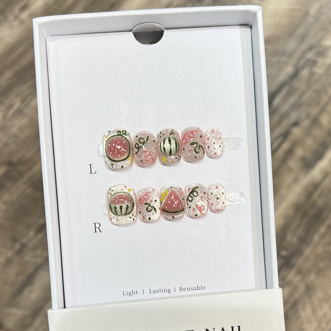 Artistic Press-On Nail Art Set with Watermelon Theme Bowlift