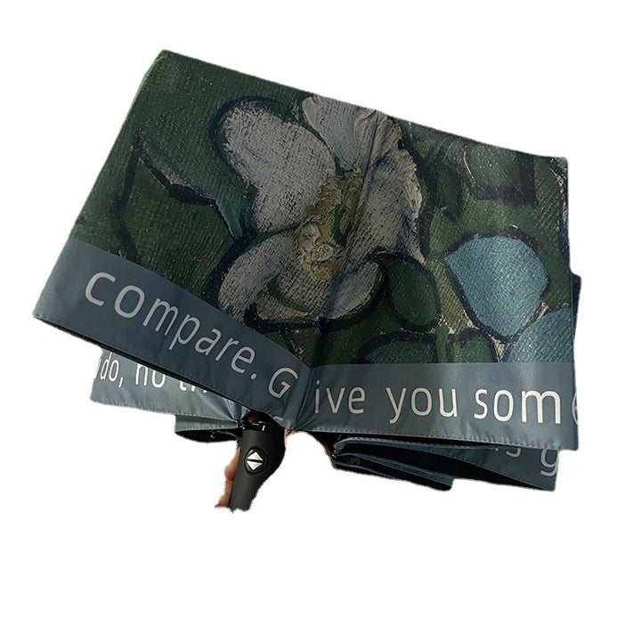 Women's Folding Umbrella with Botanical Design and Stable Handling Bowlift